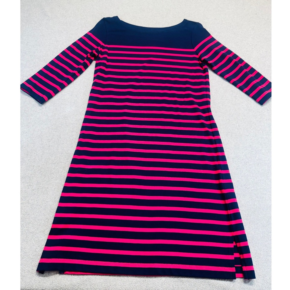 Appleseed's Striped Knit Shift Dress Womens PS Navy Pink 3/4 Sleeve Boat Neck